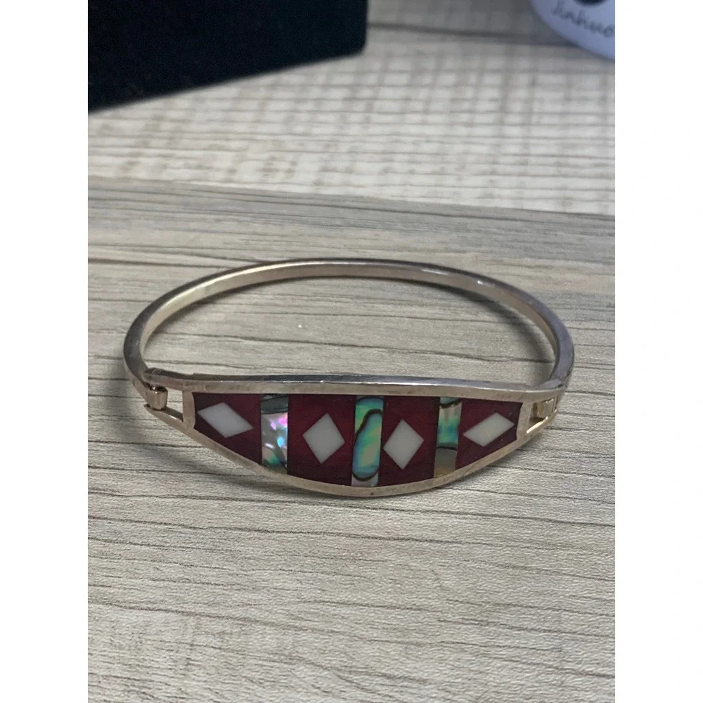Vintage Alpaca Mexico Abalone Mother of Pearl Inlay Red Bangle Bracelet 6.5in